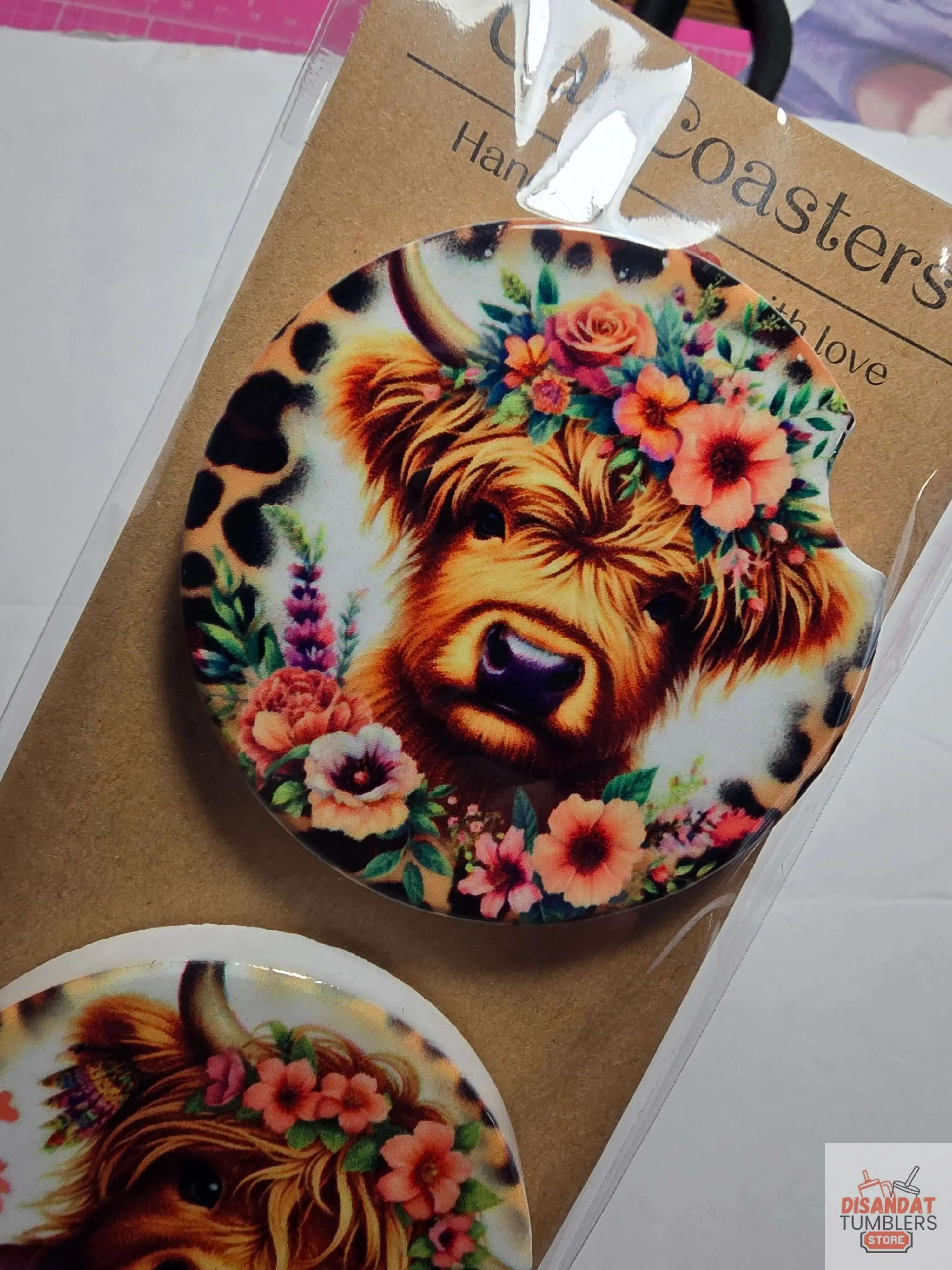 Highland Cow Floral Car Coasters – Set of 2 Dis An Dat Tumbler Store
