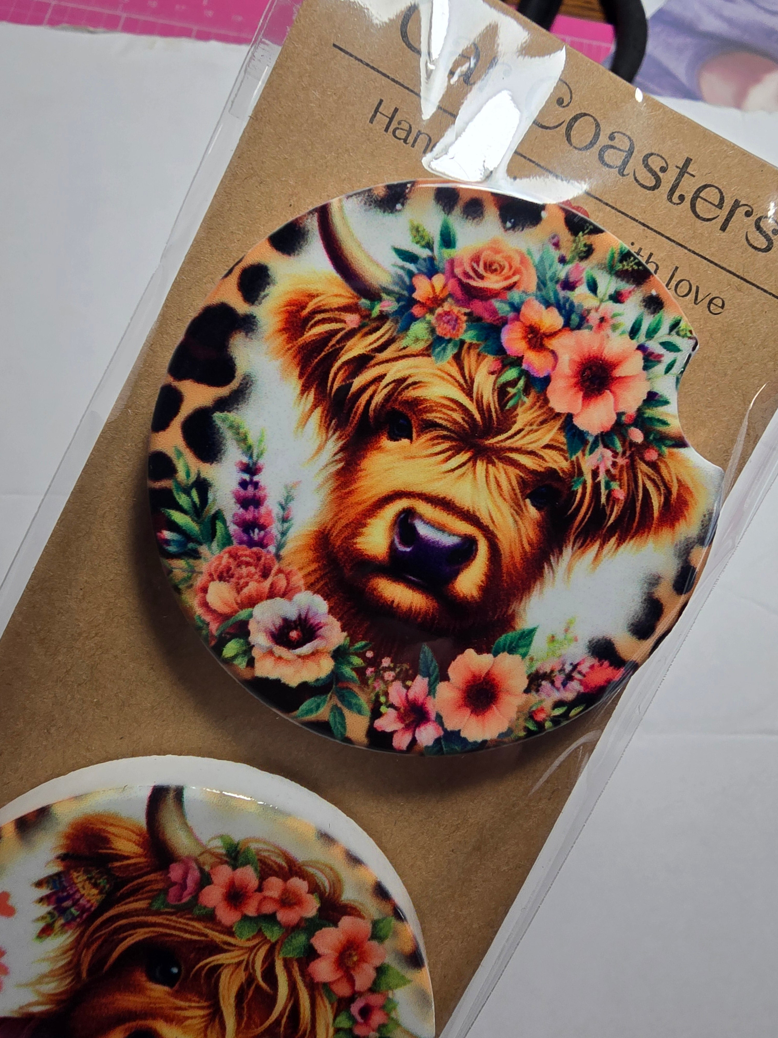 Highland Cow Floral Car Coasters – Set of 2 Dis An Dat Tumbler Store