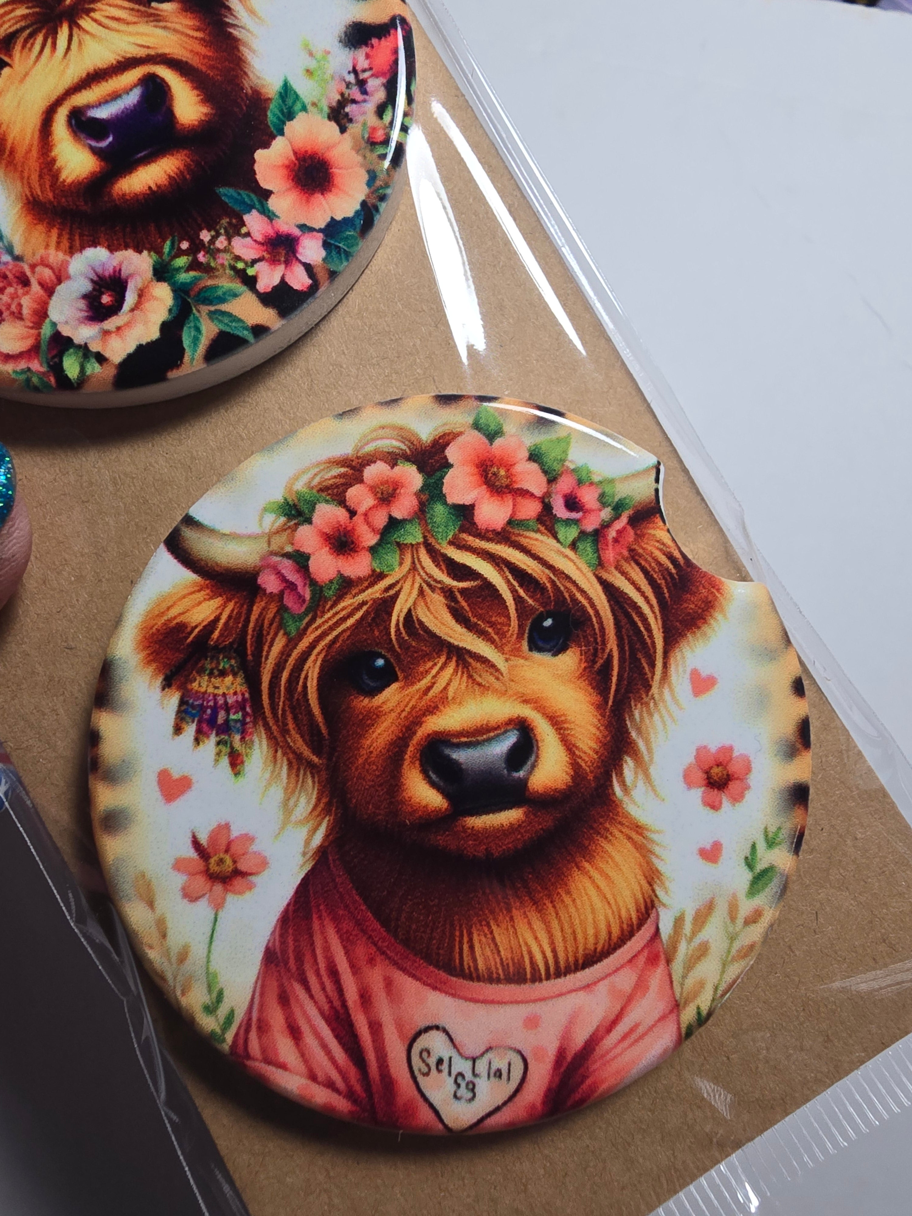 Highland Cow Floral Car Coasters – Set of 2 Dis An Dat Tumbler Store