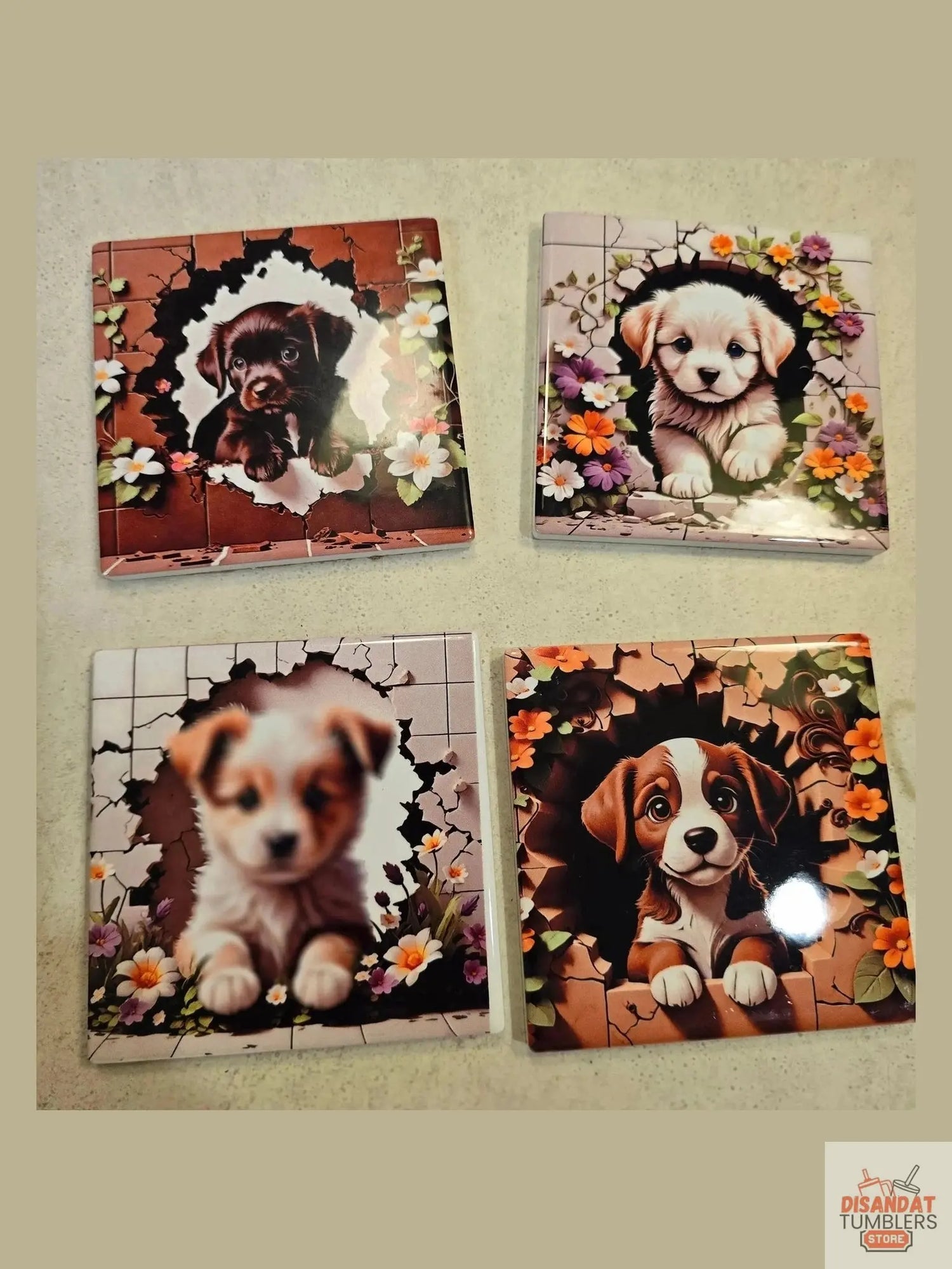 Puppy 4-inch Coasters featuring cute puppy designs surrounded by flowers, perfect for dog lovers.