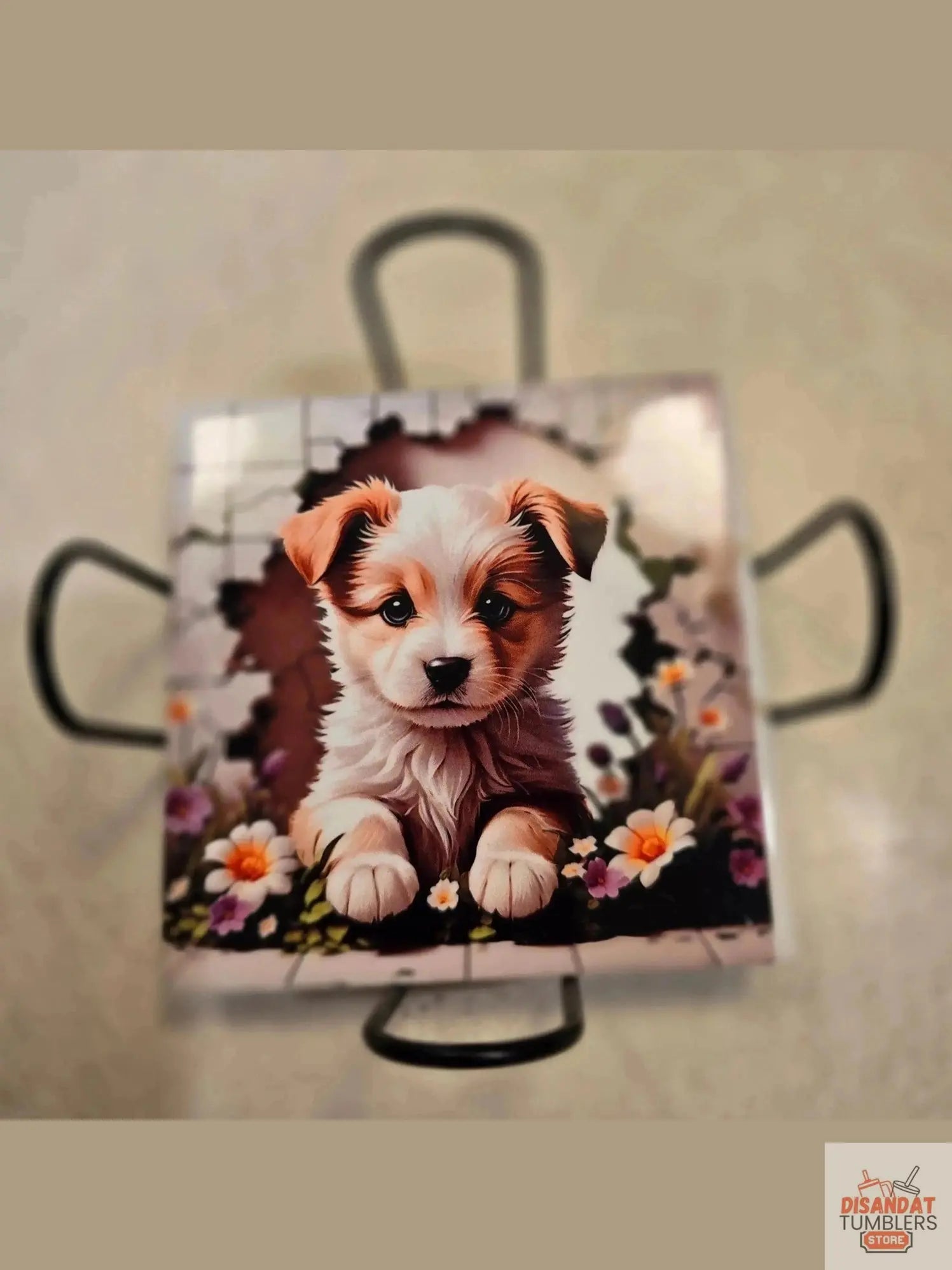 Puppy 4-inch Coasters featuring an adorable puppy design surrounded by flowers.