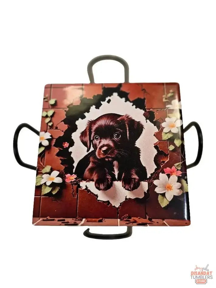 Adorable Puppy 4-inch Coasters featuring a cute puppy and floral accents, perfect for dog lovers.