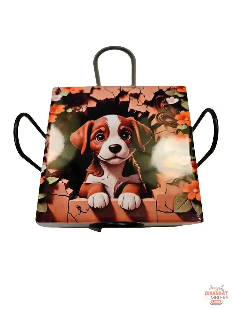 Puppy 4-inch Coasters featuring an adorable puppy design surrounded by flowers and greenery.