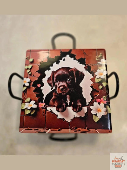 Puppy 4-inch Coasters featuring a cute puppy design on a decorative coaster.