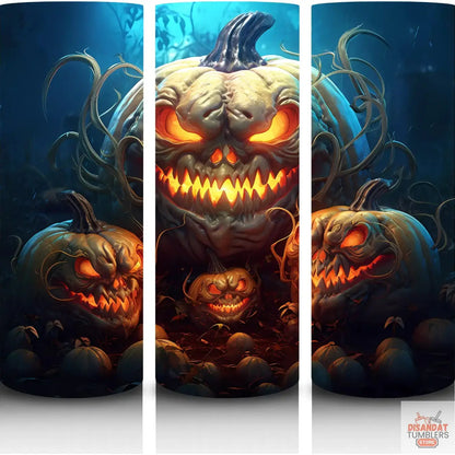 Three-panel artwork of a Halloween-themed pumpkin with glowing eyes on a dark blue background.