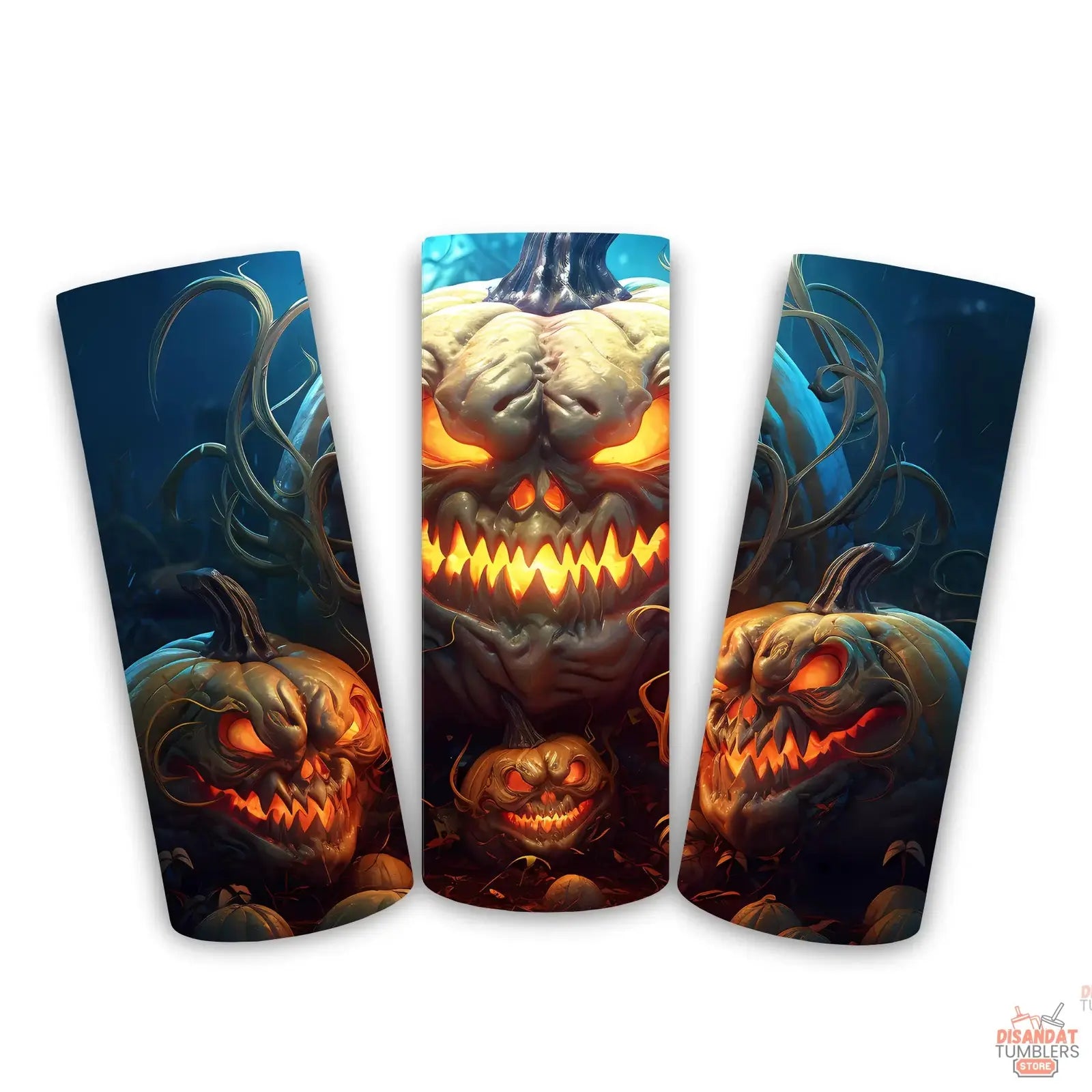 Three pumpkin-themed cups with glowing jack-o&