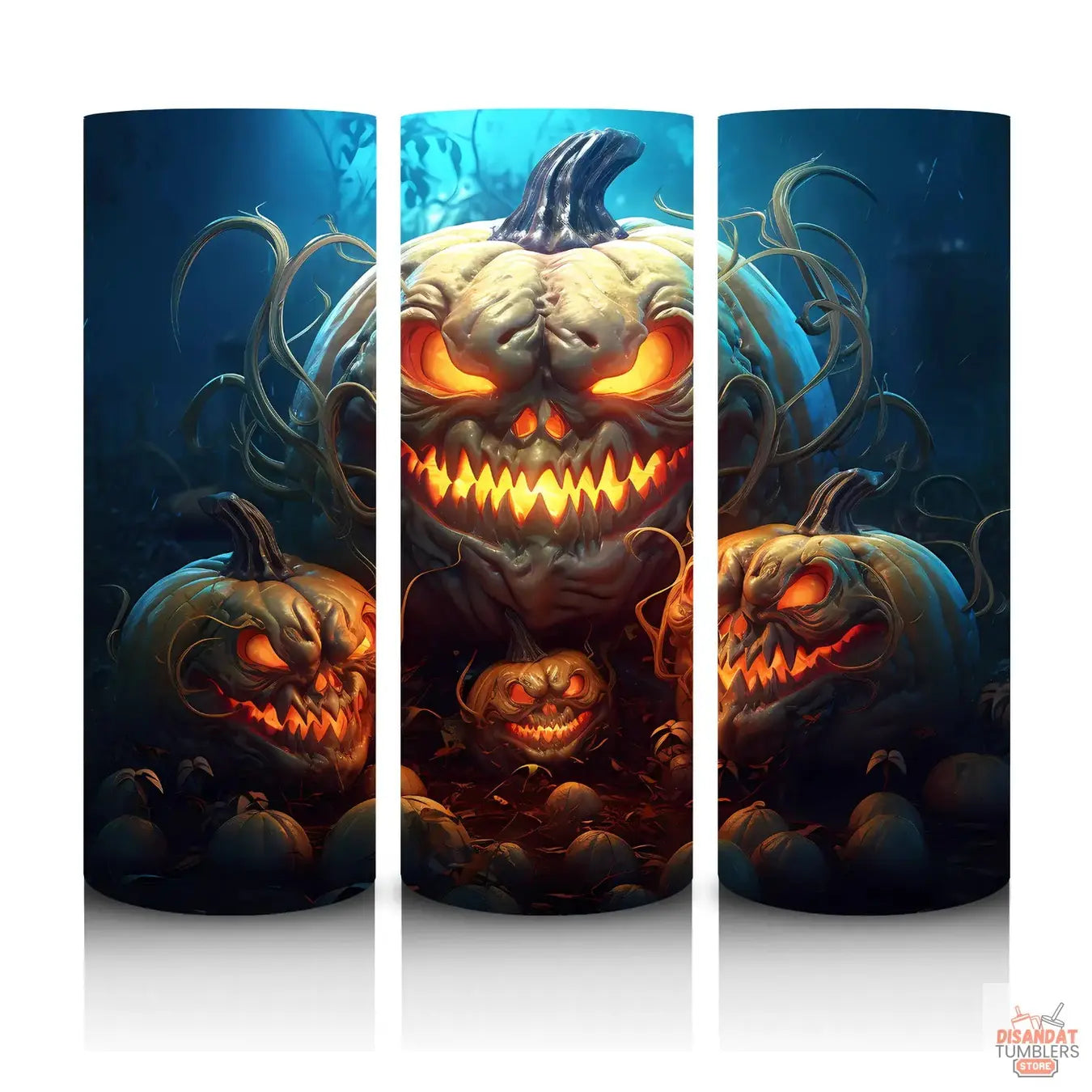 Triptych artwork of glowing jack-o&
