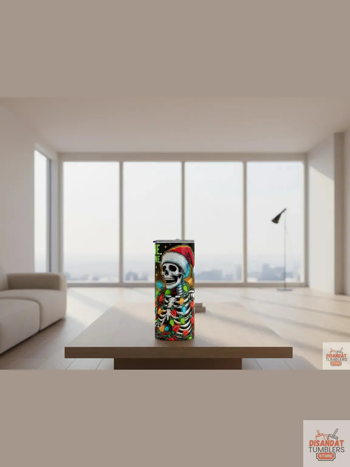 Three-panel artwork Tumbler with a skeleton in a Santa hat surrounded by Christmas lights, with text &