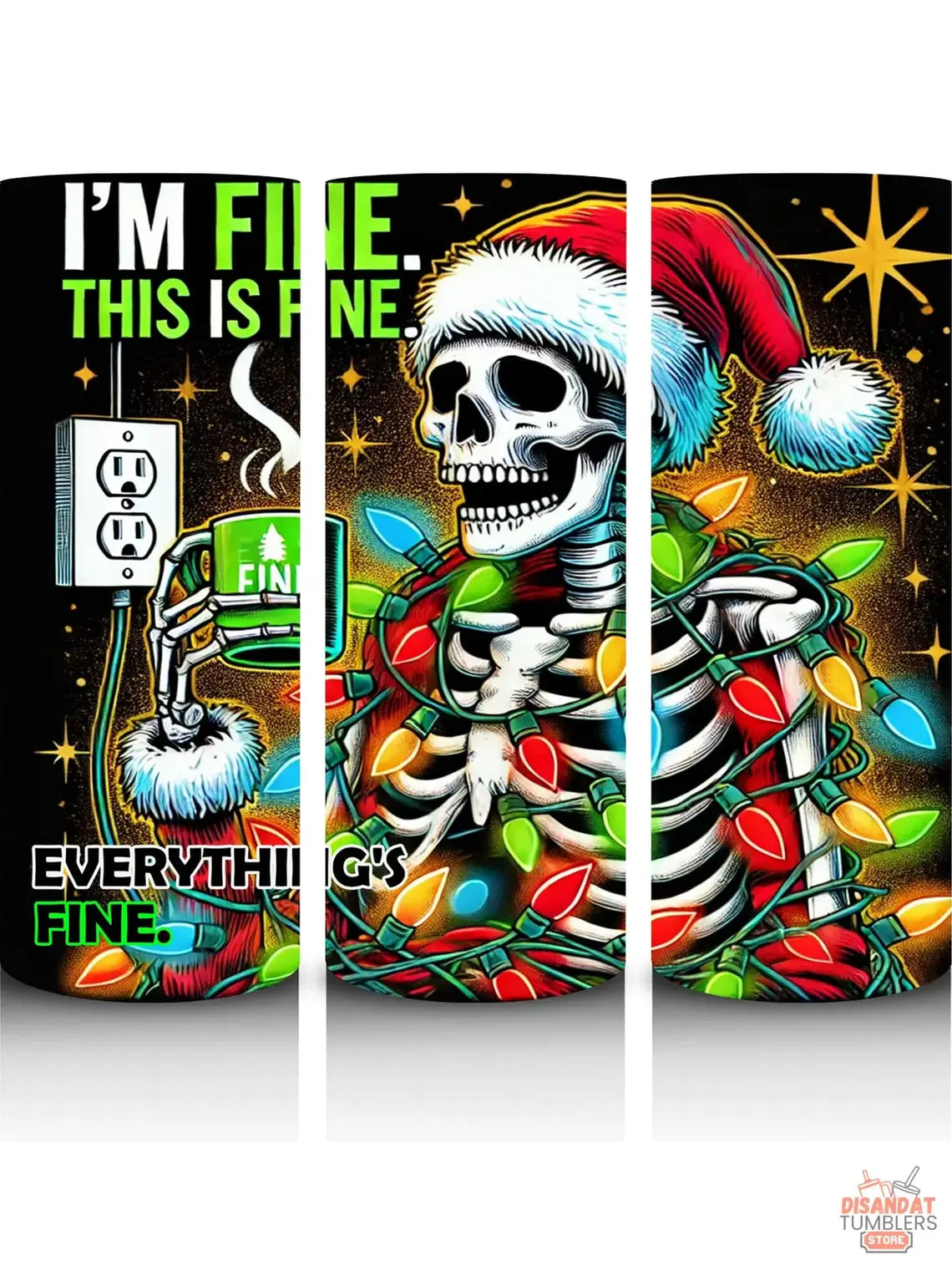 Tumbler artwork with a skeleton in a Santa hat surrounded by Christmas lights, text, and a power outlet.