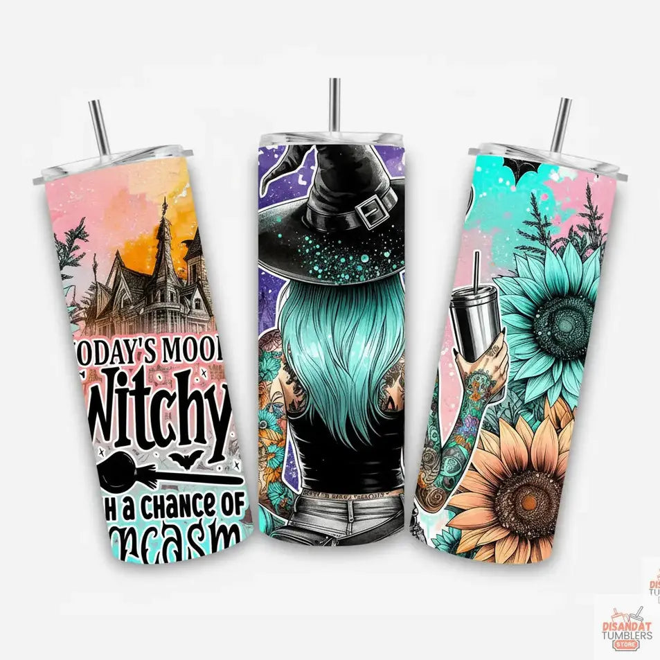 Three colorful tumbler designs with witch-themed graphics on a white background.