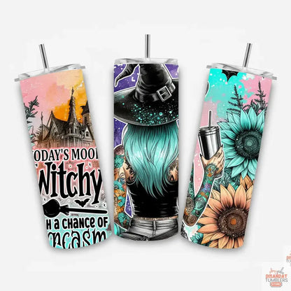 Three colorful tumbler designs with witch-themed graphics on a white background.