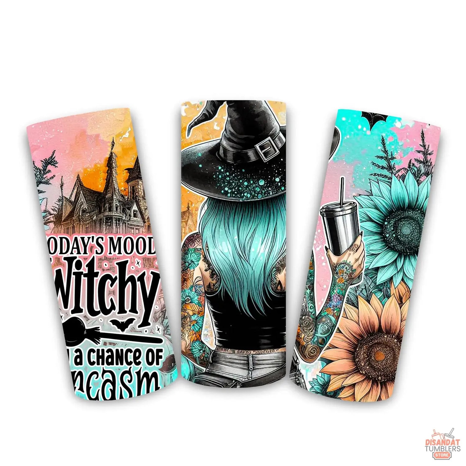 Three colorful designs featuring a witch, sunflowers, and a castle on a white background.