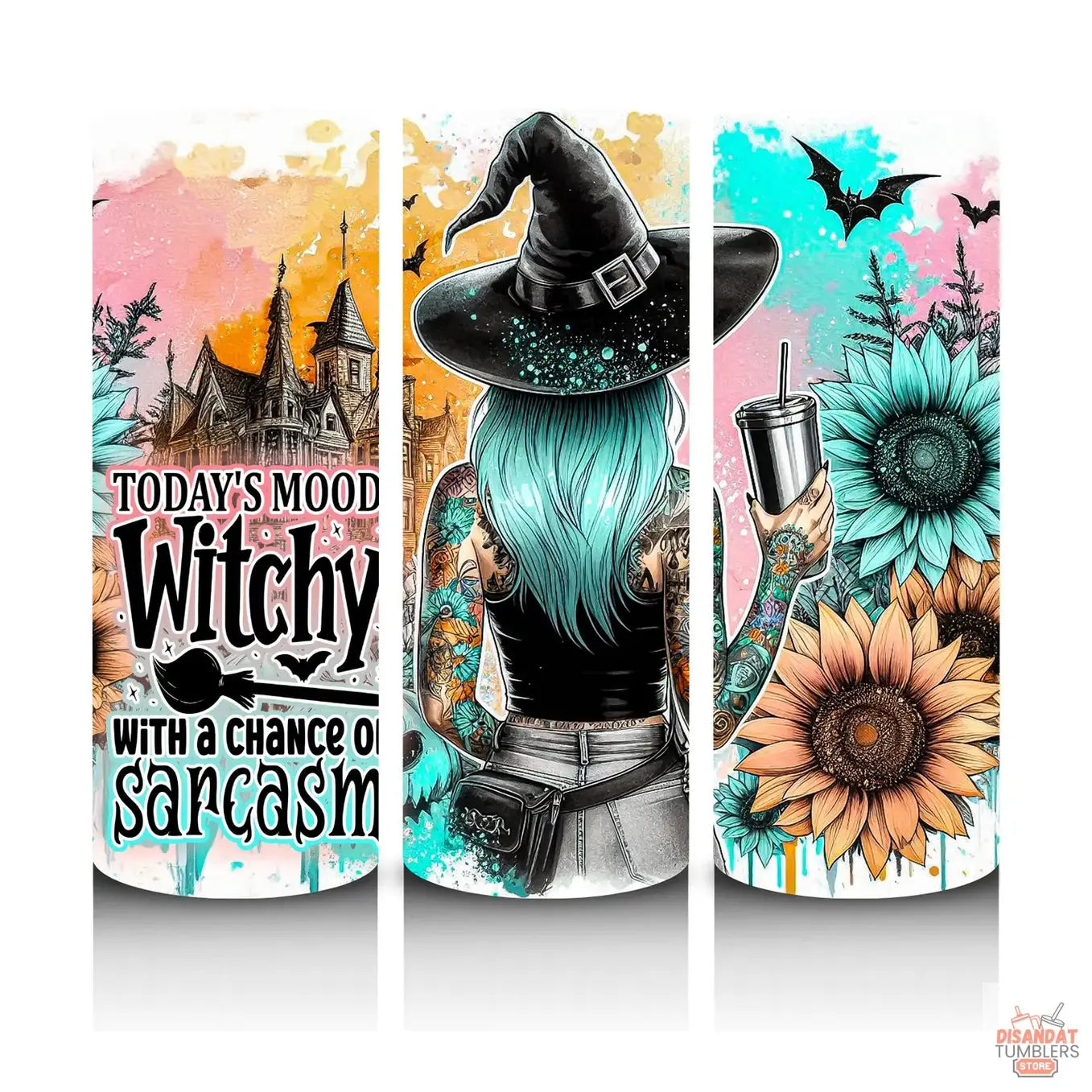 Three colorful phone cases with Halloween-themed designs featuring a witch, sunflowers, and a castle.