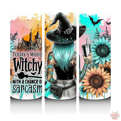 Three colorful phone cases with Halloween-themed designs featuring a witch, sunflowers, and a castle.