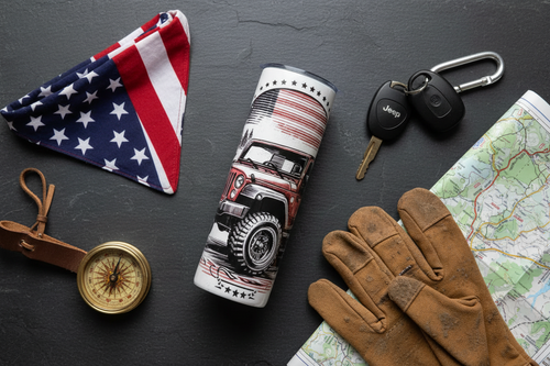 American Jeep tumbler flat lay lifestyle