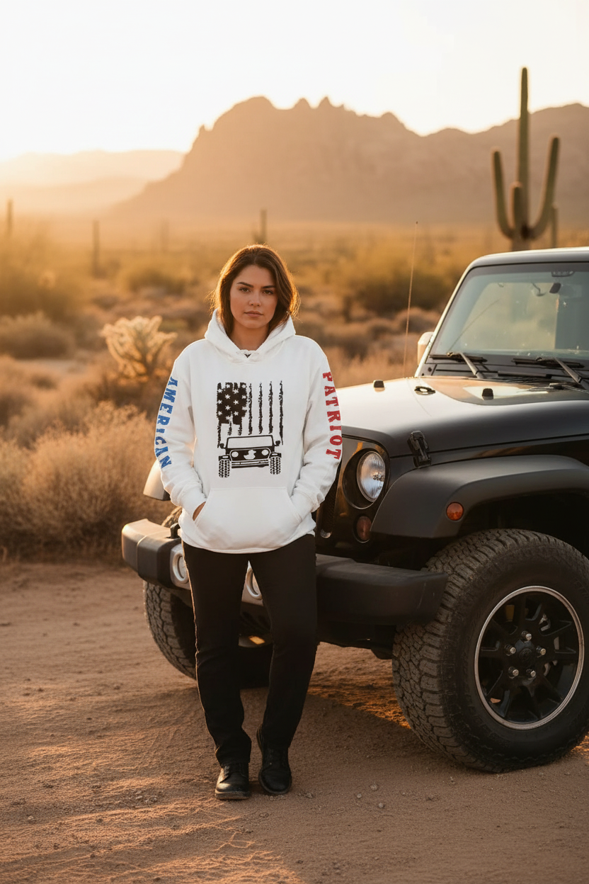 American Patriot Jeep hoodie front-facing correct lifestyle