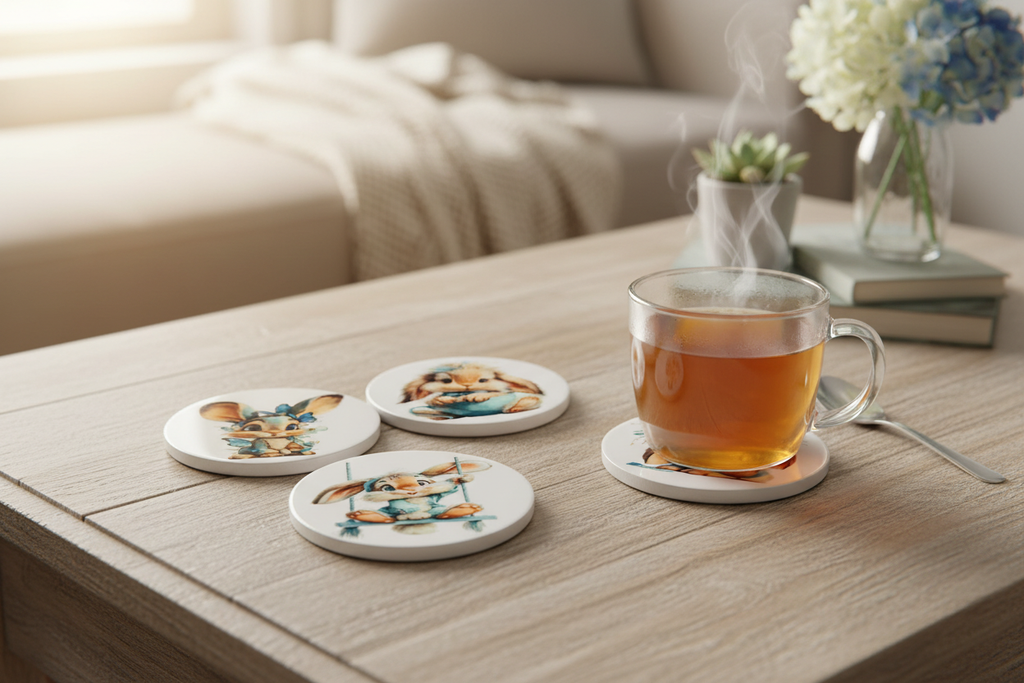 Blue bunny coasters coffee table lifestyle