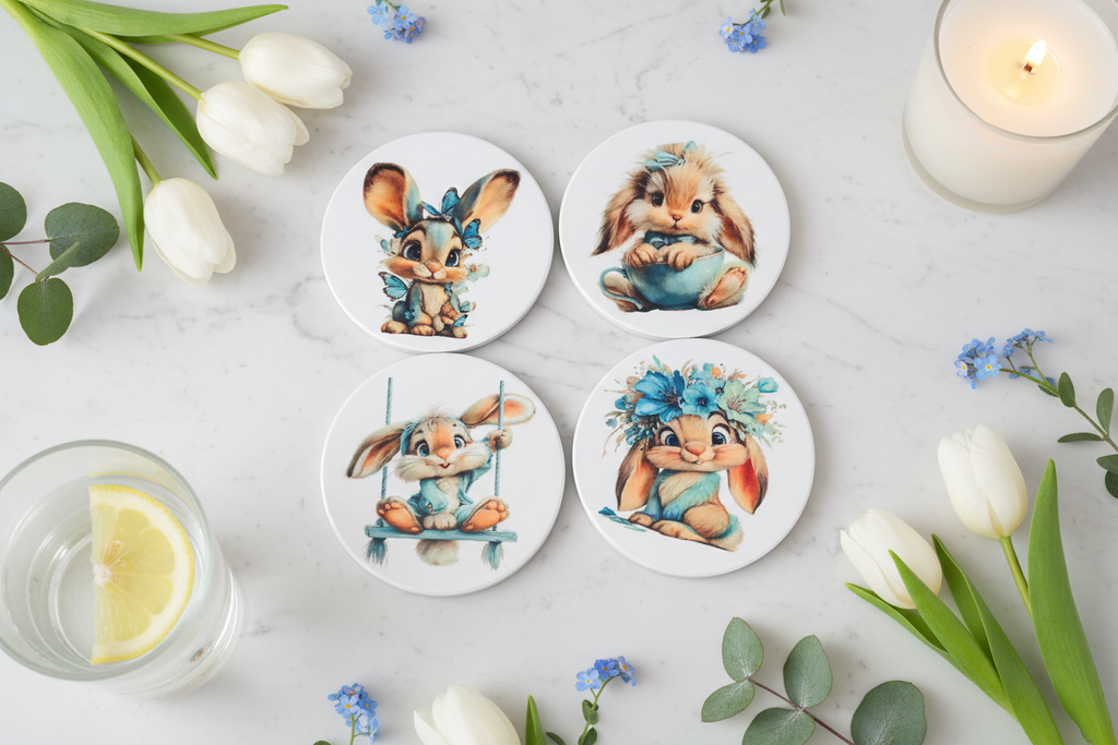 Blue bunny coasters flat lay lifestyle