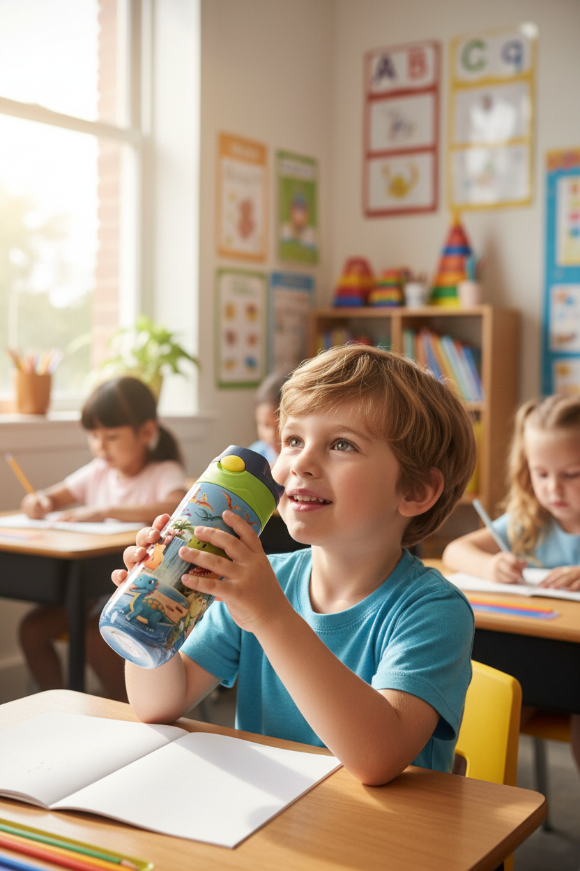 Boy at school with dino tumbler