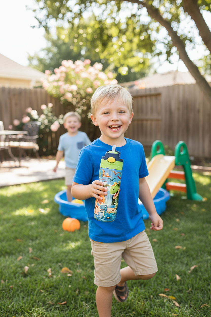 Boy outdoors with dino tumbler