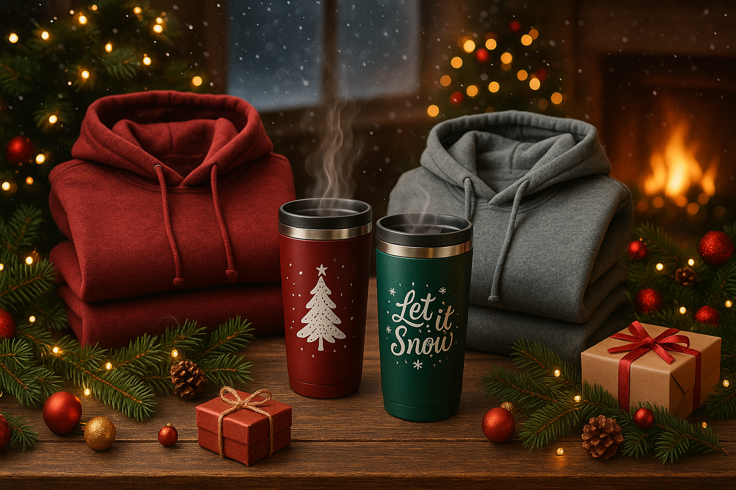 christmas scene with tumblers and hoodies