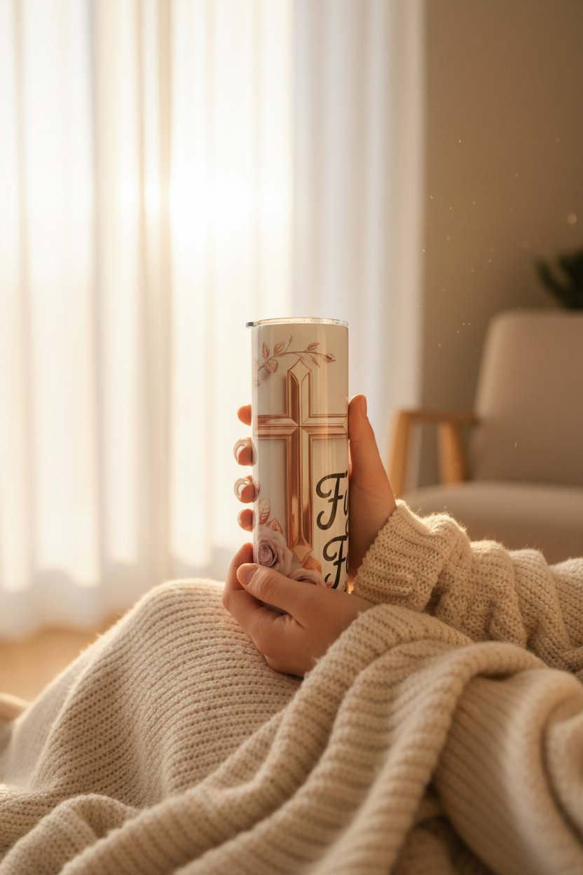 Faith over Fear tumbler cozy lifestyle