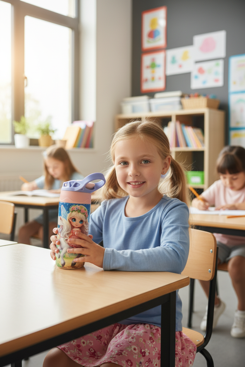 Girl at school with fairy princess tumbler