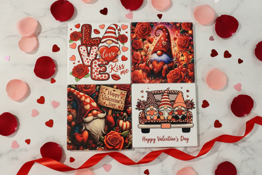 Gnome Valentine's coasters flat lay lifestyle
