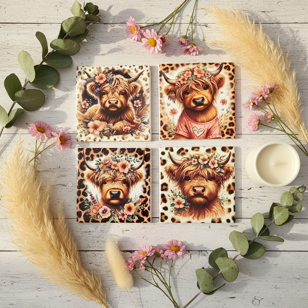 Highland Cow Coasters - Flat Lay