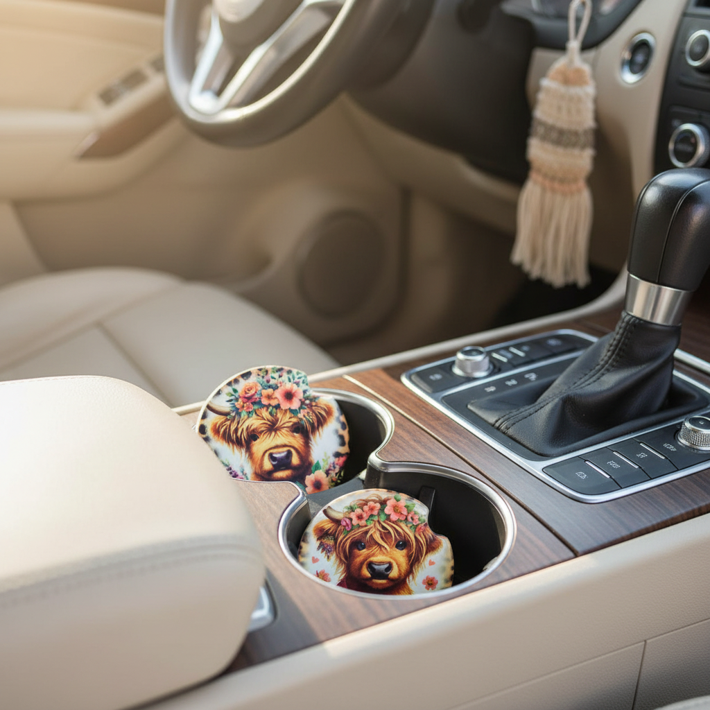 Highland Cow Coasters - In Car