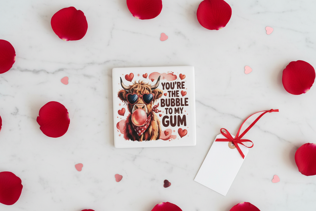 Highland Cow Valentine's coasters flat lay lifestyle