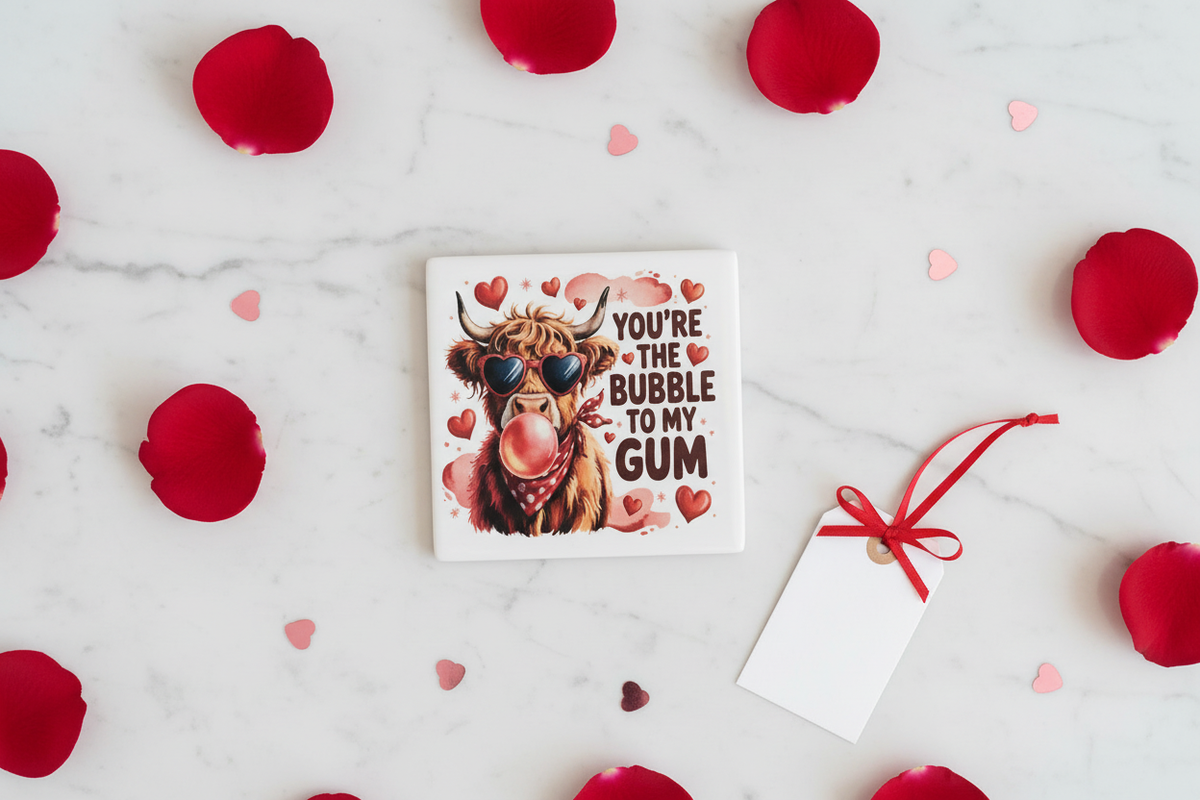 Highland Cow Valentine's coasters flat lay lifestyle