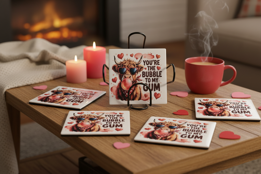 Highland Cow Valentine's coasters table lifestyle