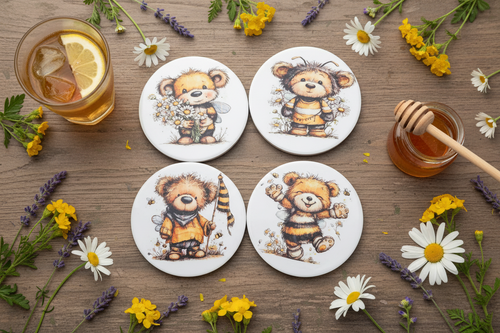 Honey bear coasters flat lay lifestyle