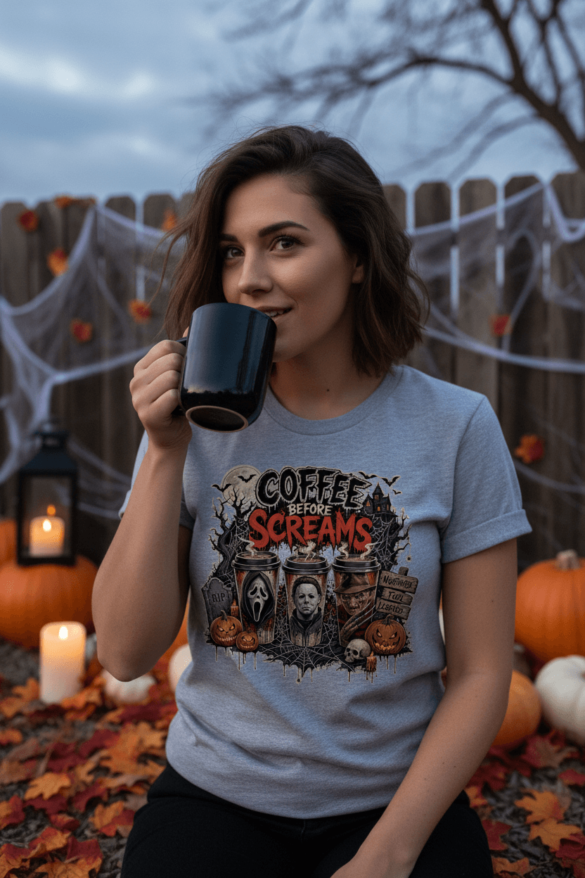 Woman wearing heather grey Coffee Before Screams Halloween horror tee with pumpkins in background