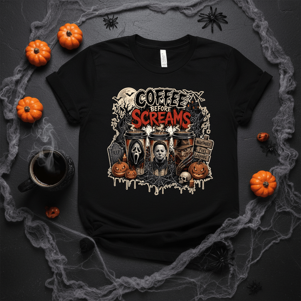Black Coffee Before Screams Halloween tee flat lay with coffee cup and pumpkins