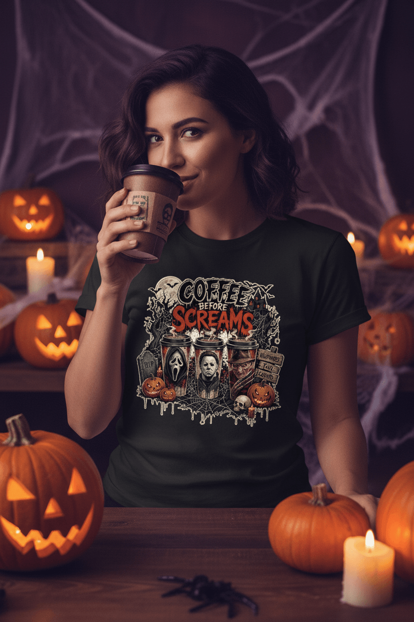 Woman wearing black Coffee Before Screams Halloween horror tee with pumpkins in background