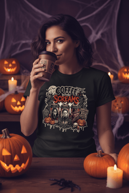 Woman wearing black Coffee Before Screams Halloween horror tee with pumpkins in background