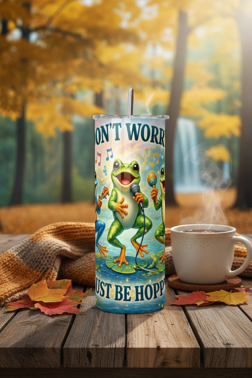 Be Hoppy frog tumbler mockup