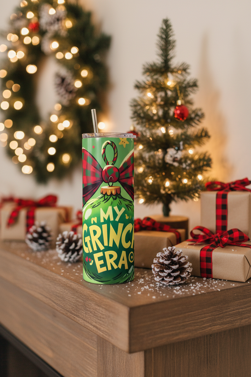 In My Grinch Era tumbler mantle lifestyle