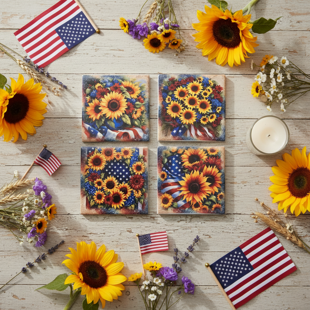 Patriotic Sunflower Coasters - Flat Lay