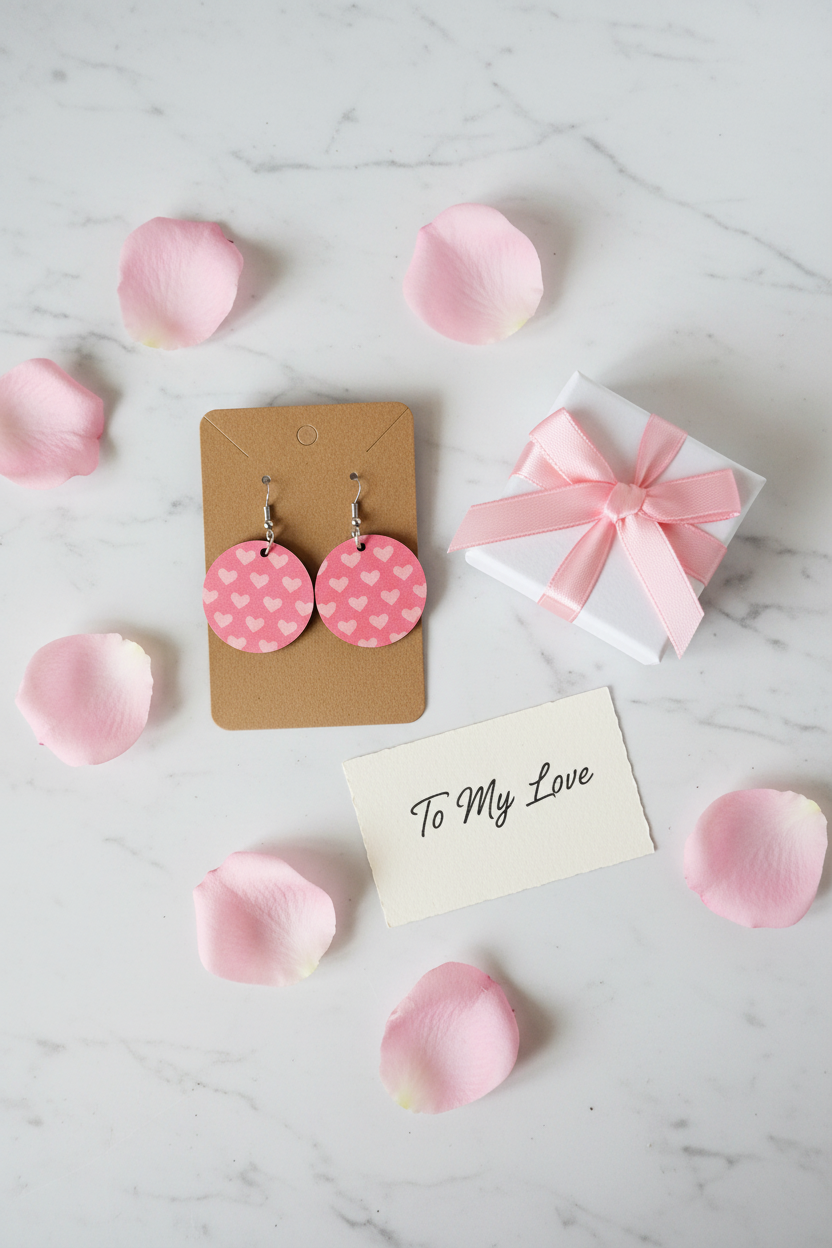 Pink heart earrings flat lay Valentine's lifestyle