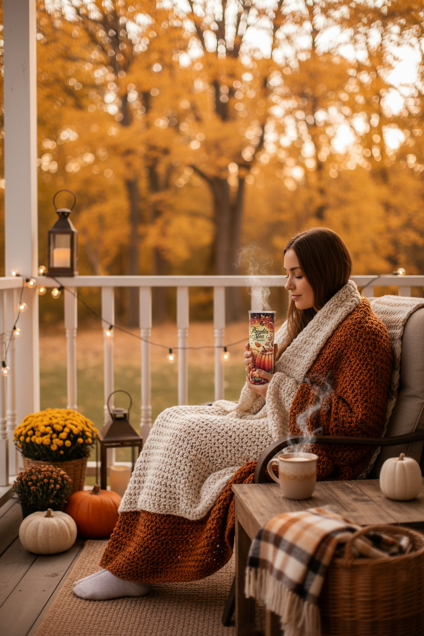 Pumpkin Spice tumbler cozy porch lifestyle