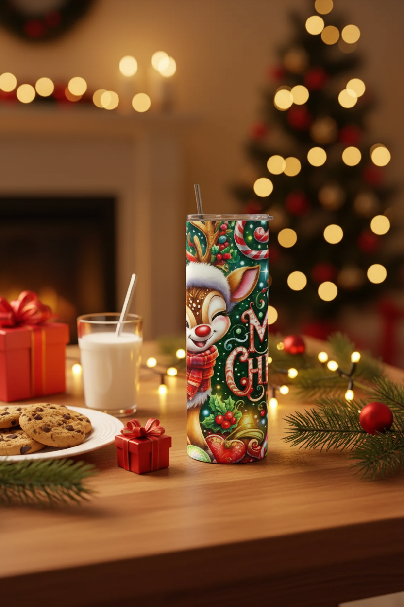 Red Nose Deer tumbler Christmas Eve lifestyle