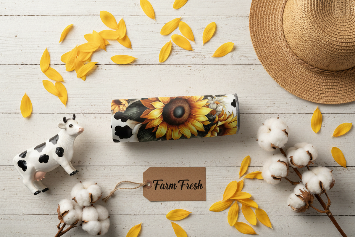 Sunflowers Cow tumbler flat lay lifestyle
