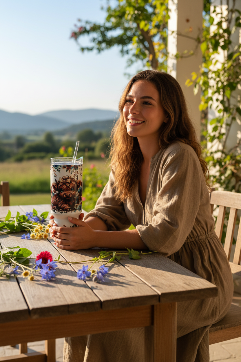 Teal Highland Cow 40oz tumbler farmhouse porch lifestyle
