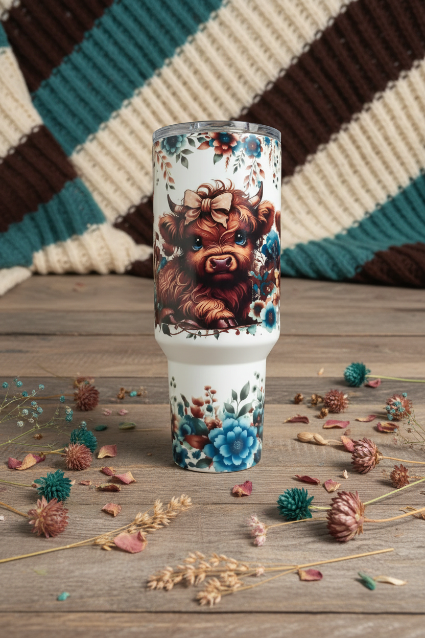 Teal Highland Cow 40oz tumbler flat lay lifestyle